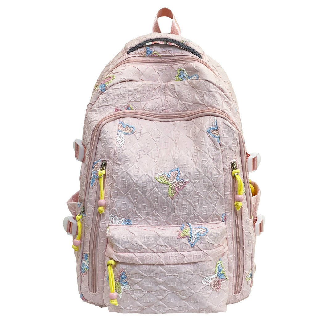 Stylish women's multi-compartment backpack with beautiful butterfly design, perfect for school or travel.