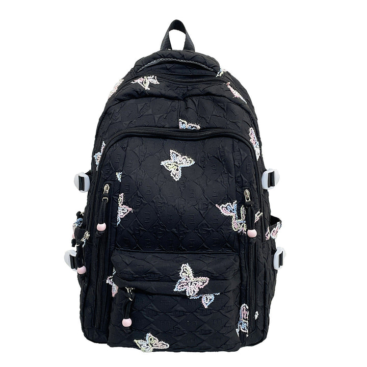 Fashionable women's durable backpack, adorned with a unique butterfly motif and practical multi-compartment design.