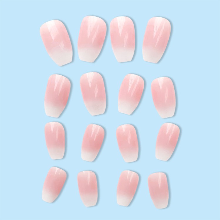 Elegant false nails: women's pink and white ombre press-on nail art kit for a fashionable gradient manicure.