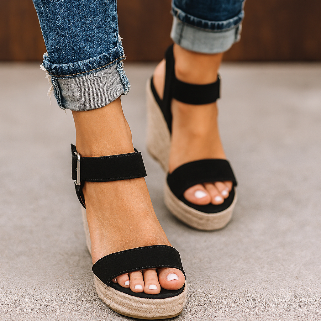 Stylish women's open toe wedge sandals for spring. Comfortable casual footwear, perfect for day wear. Black & brown options.