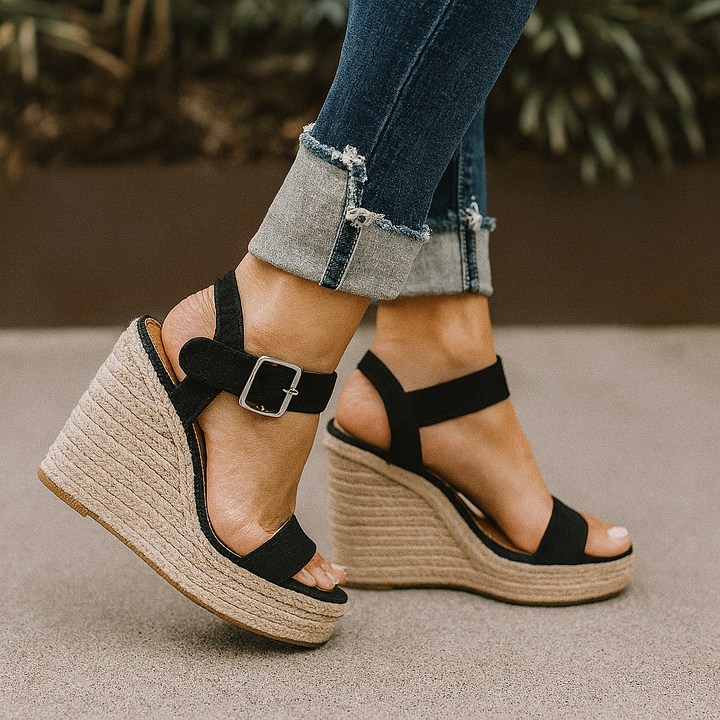 Elegant women's spring open toe wedge sandals. Comfortable heels for stylish day wear. Available in black and brown.
