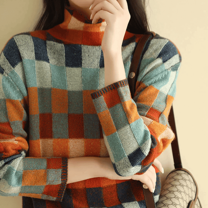 Versatile women's patchwork turtleneck sweater in orange, a comfortable long-sleeve knit for stylish winter outfits.