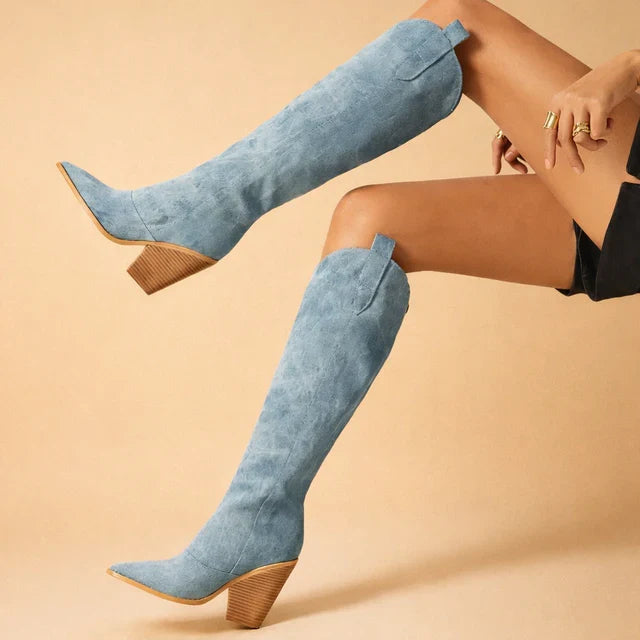 Stylish women's over-the-knee Western boots with stiletto heel & pointed toe, ideal for fall fashion.
