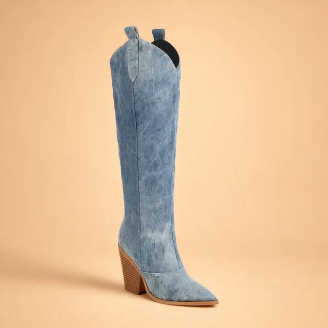 Chic women's over-the-knee Western boots, stiletto heel & pointed toe, perfect for winter fashion.