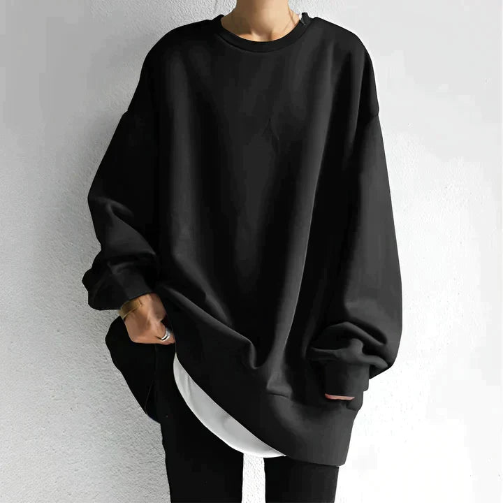 Stylish women's oversized tunic sweater with drop shoulder knit. Cozy long sleeve crewneck top perfect for fall/winter.