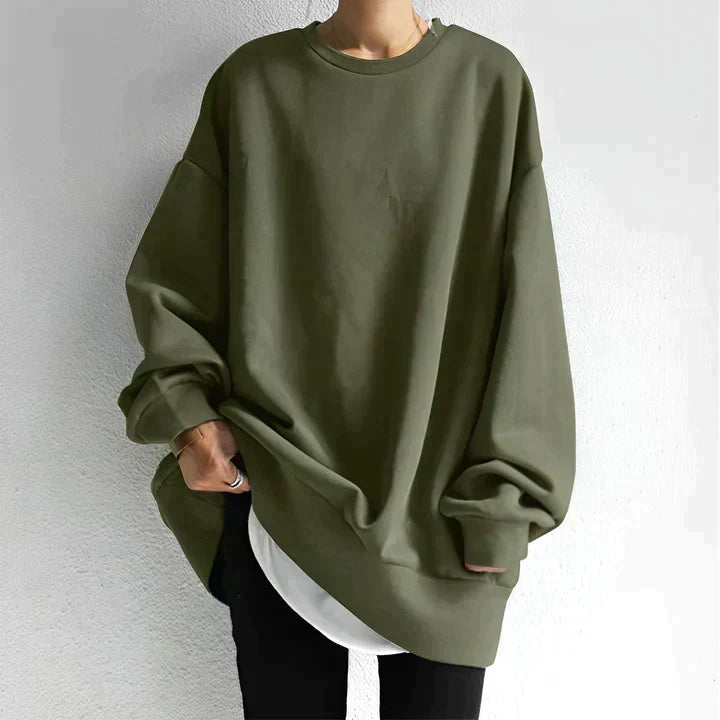 Cozy women's long sleeve tunic sweater. Oversized knit with drop shoulder, perfect for layering in fall & winter fashion.