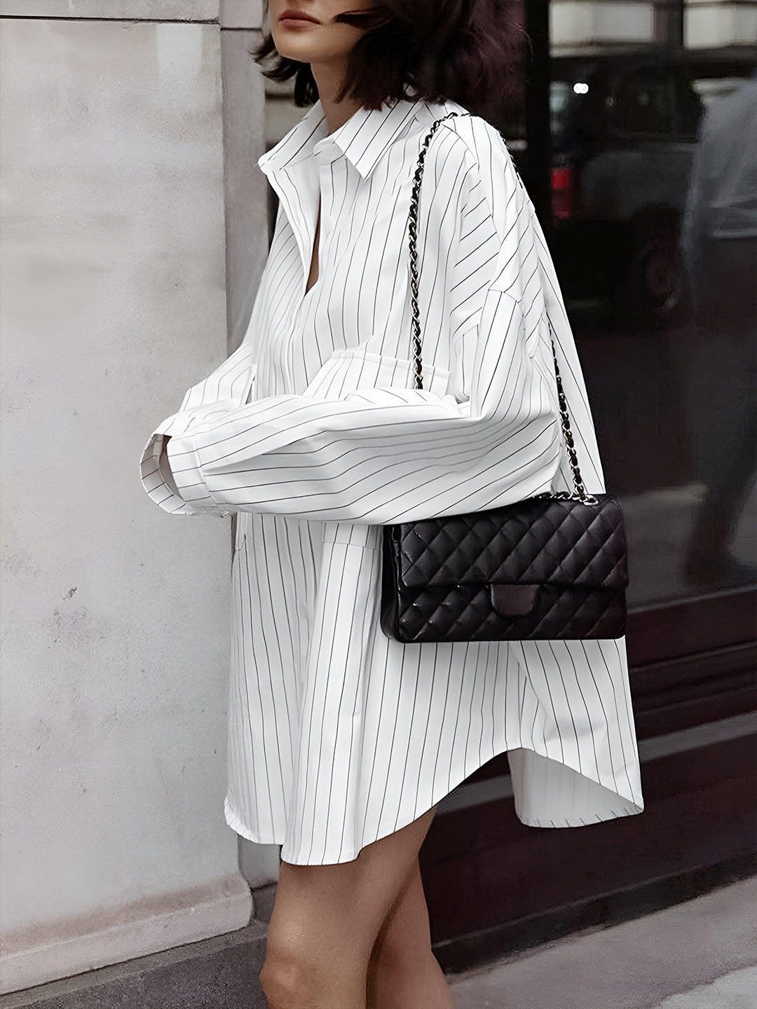 Versatile white striped oversized shirt dress, ideal for spring, summer, or fall fashion, a chic everyday outfit.