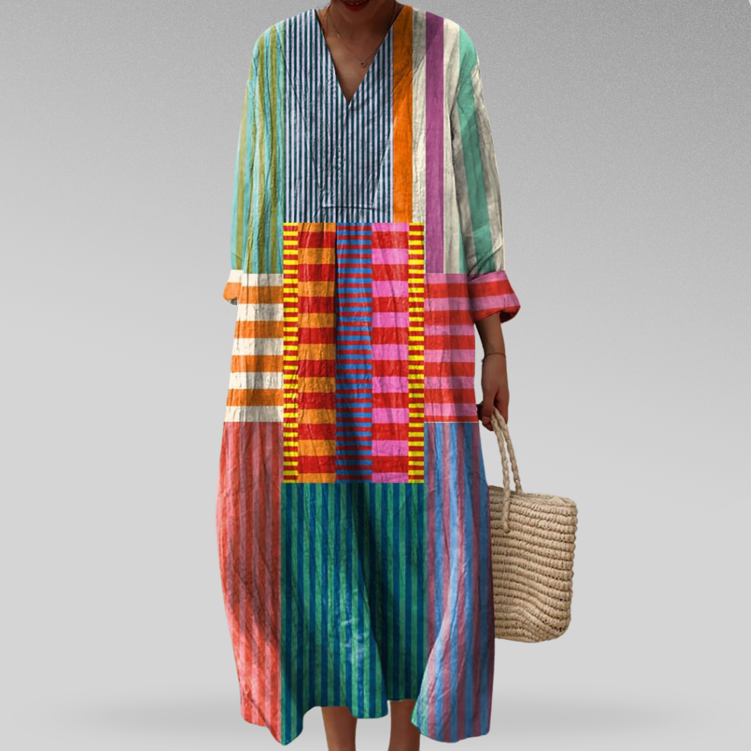 Stylish women's patchwork stripe V-neck summer dress, loose fit & comfortable for casual everyday wear.