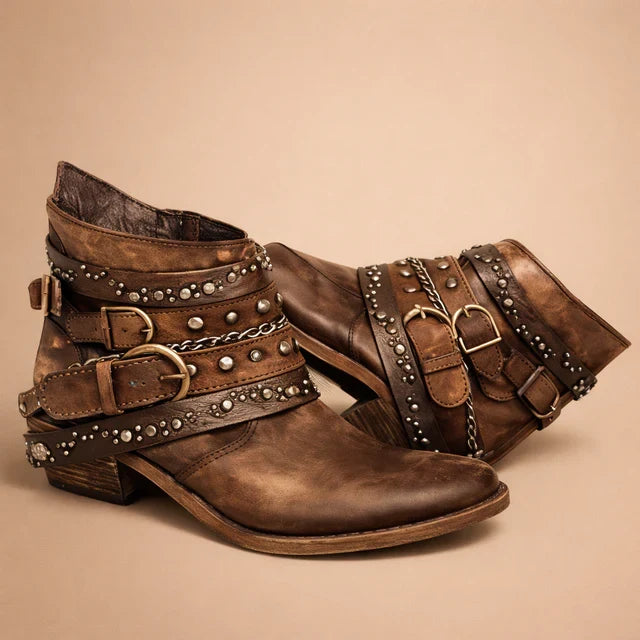 Stylish women's pointed-toe cowboy boots. Western ankle boots with a comfortable block heel for trendy everyday wear.