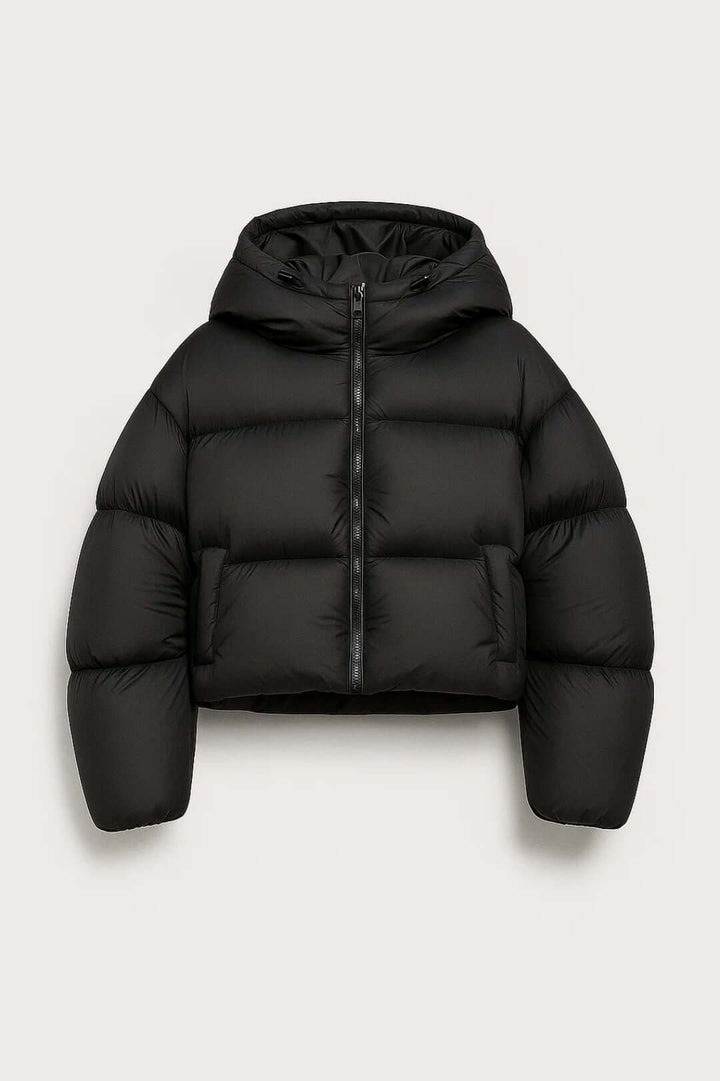 Stylish women's short hooded puffer jacket, perfect for warm, trendy winter fashion & cold weather protection.