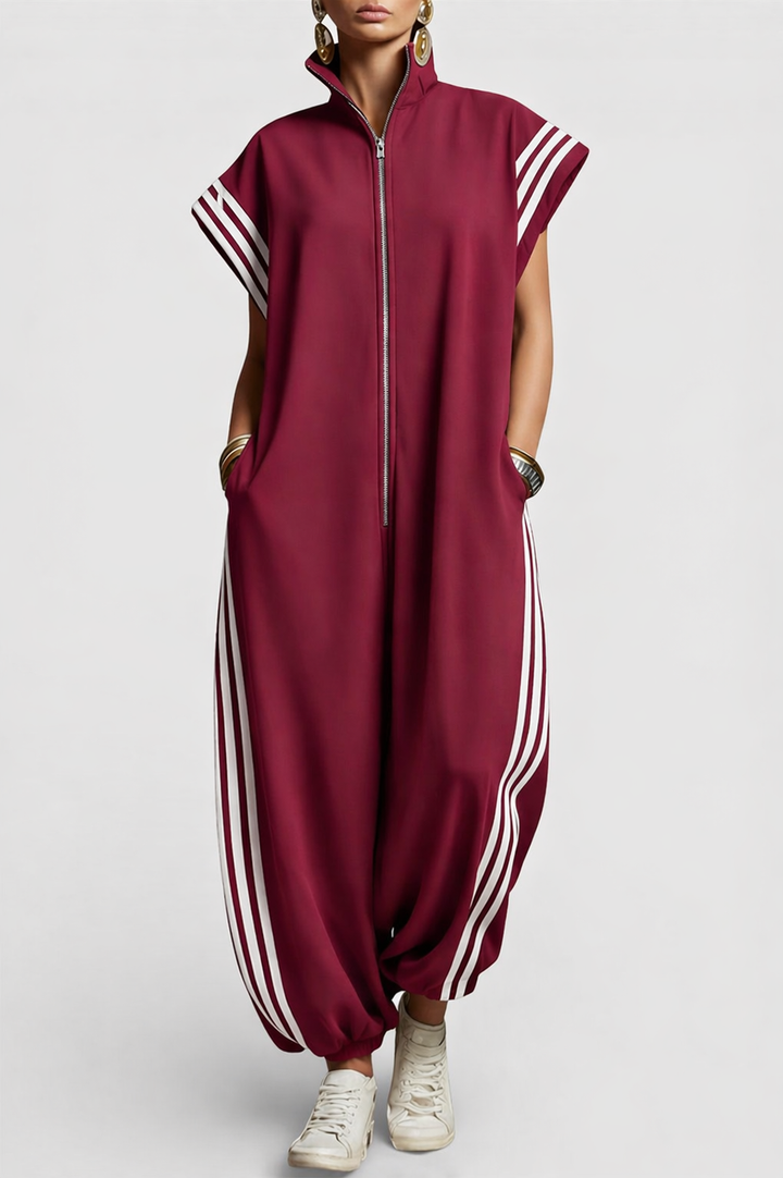Comfortable ladies' sleeveless zip neck jumpsuit with pockets, an elegant and versatile fashion piece.