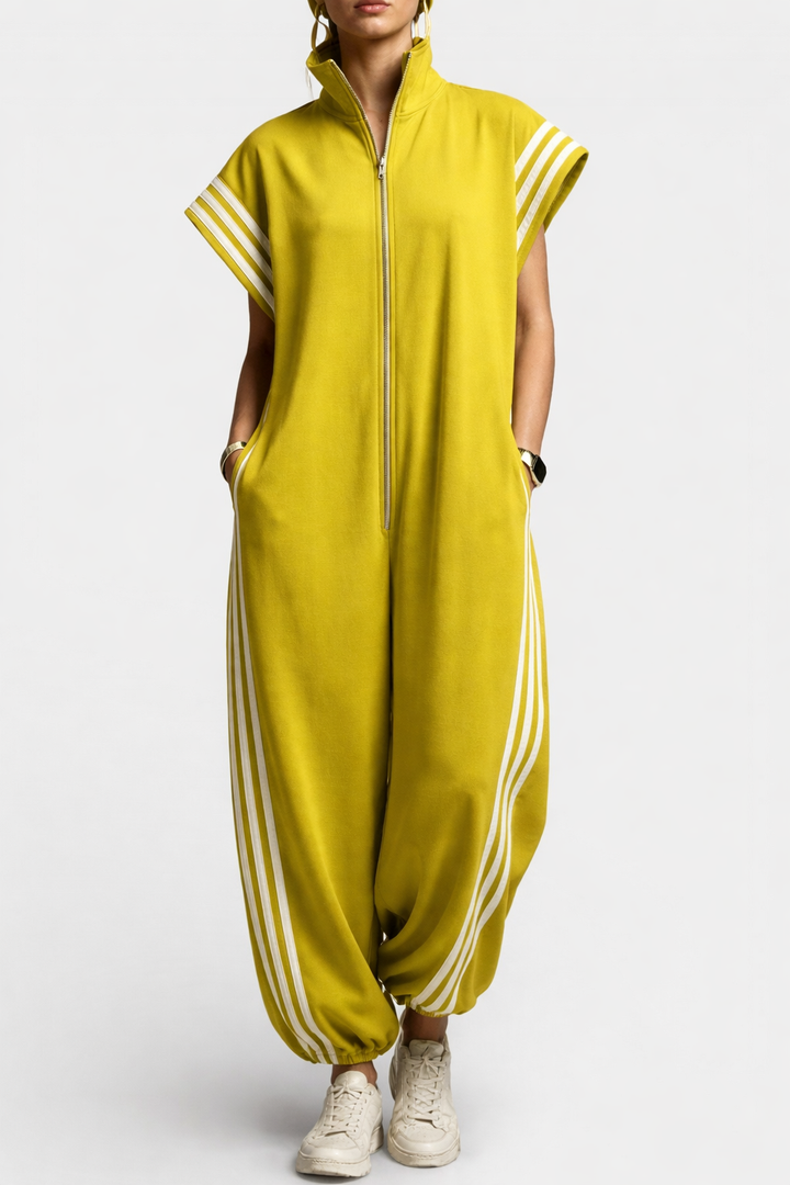 Versatile women's sleeveless zip neck jumpsuit, a stylish and comfortable one-piece for modern ladies' apparel.