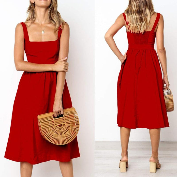 Vibrant red sleeveless midi dress for women. A comfortable & stylish choice for summer vacation & casual elegance.