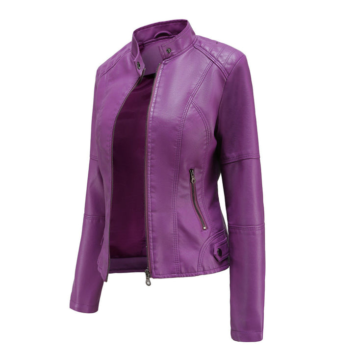 Elegant brown women's stand collar fitted jacket, featuring a stylish front zipper for outerwear.