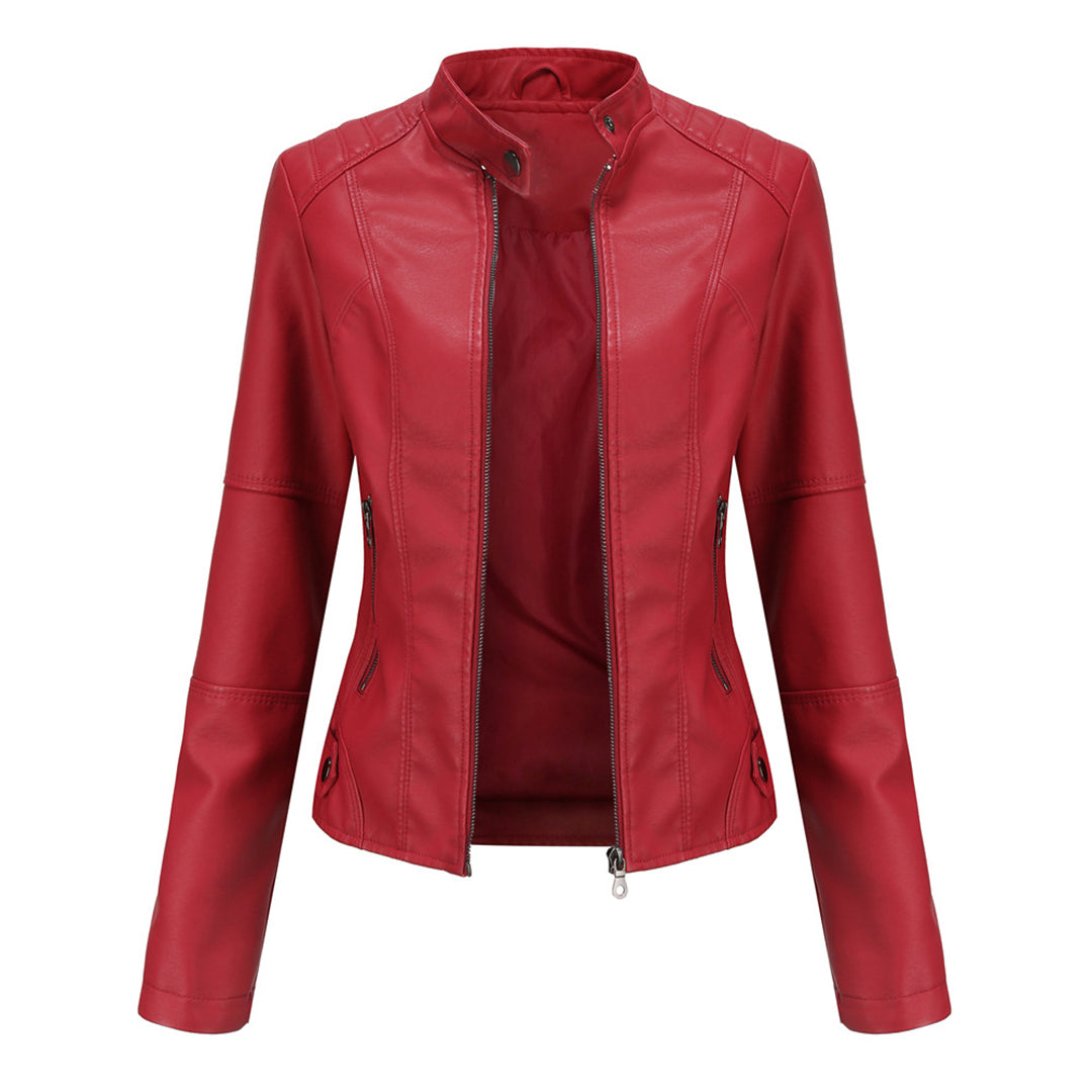 Black women's stand collar fitted jacket with zipper, chic everyday outerwear.