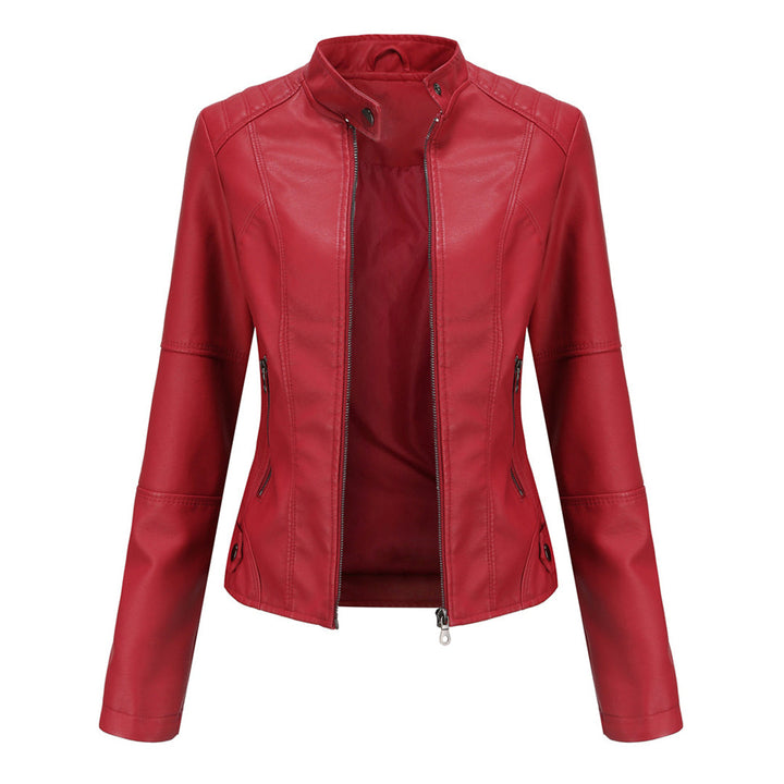Black women's stand collar fitted jacket with zipper, chic everyday outerwear.