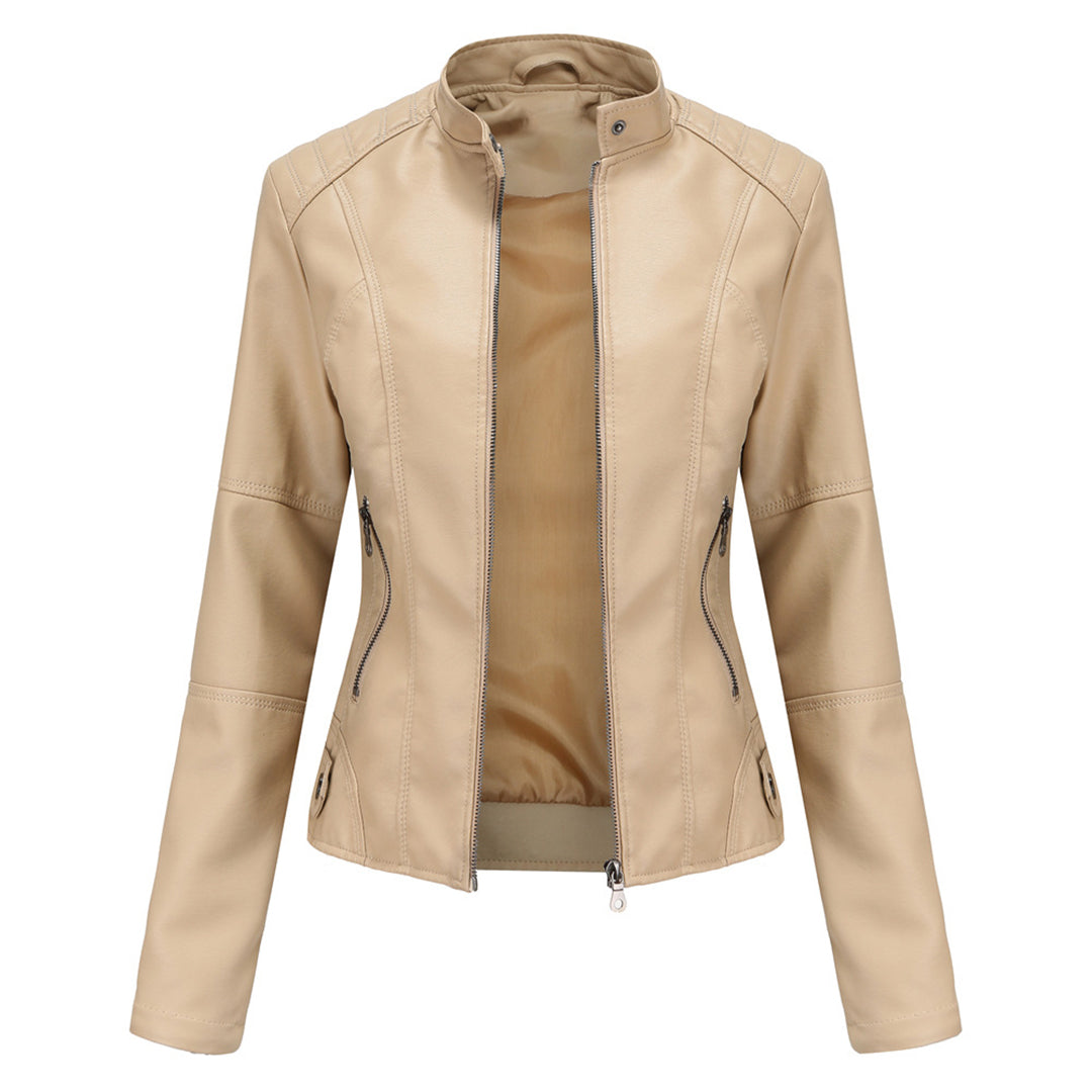 Fitted women's stand collar jacket with front zipper, ideal for stylish casual outfits.