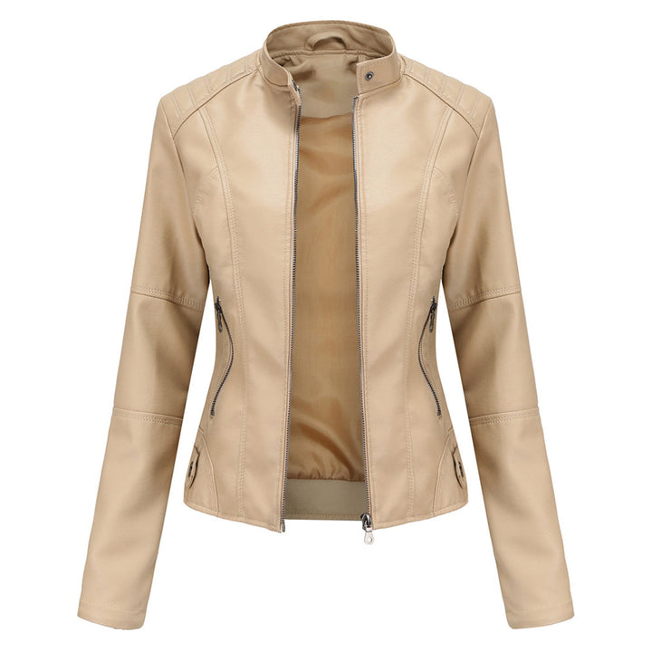 Fitted women's stand collar jacket with front zipper, ideal for stylish casual outfits.