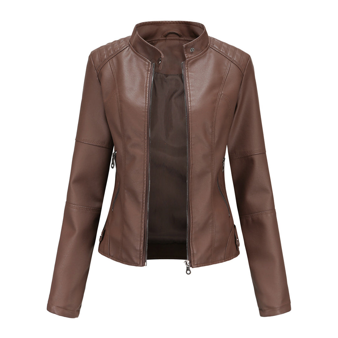 Women's stand collar jacket with practical zipper pockets, versatile casual outerwear.