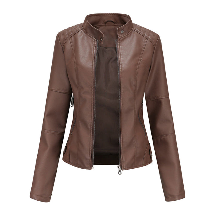 Women's stand collar jacket with practical zipper pockets, versatile casual outerwear.