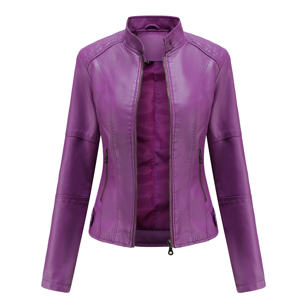 Light brown women's stand collar zipper jacket, a chic and versatile everyday outerwear option.