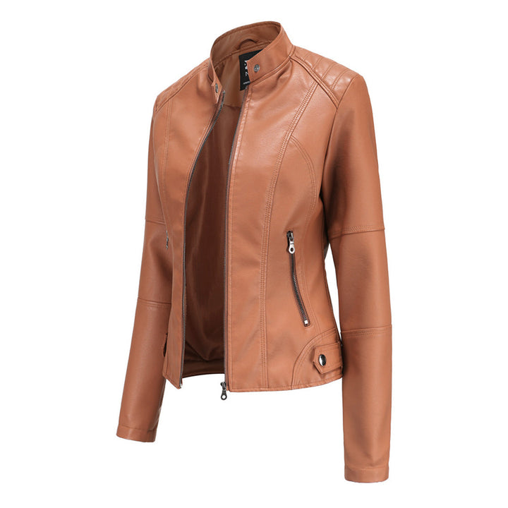 Versatile women's stand collar jacket with zipper, ideal for layering and casual styling.