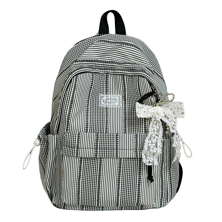 Women's textured fashion backpack showcasing practical straps & spacious design. Modern daily travel bag.