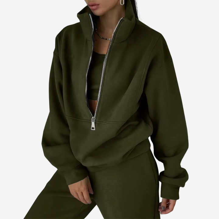 Sporty chic women's two-piece tracksuit. Stylish jogger set offers comfort for activewear, casual or everyday wear.