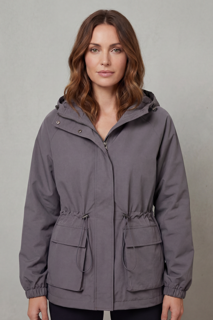 Grey women's utility jacket, waterproof and lightweight, perfect for a stylish everyday casual look.