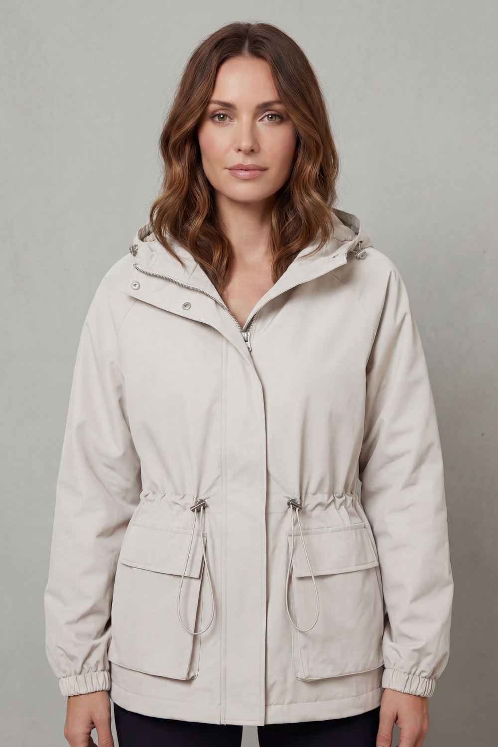 Autumn/Spring women's lightweight brown utility jacket, waterproof with drawstring, for casual comfort.