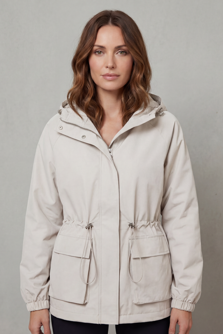 Autumn/Spring women's lightweight brown utility jacket, waterproof with drawstring, for casual comfort.