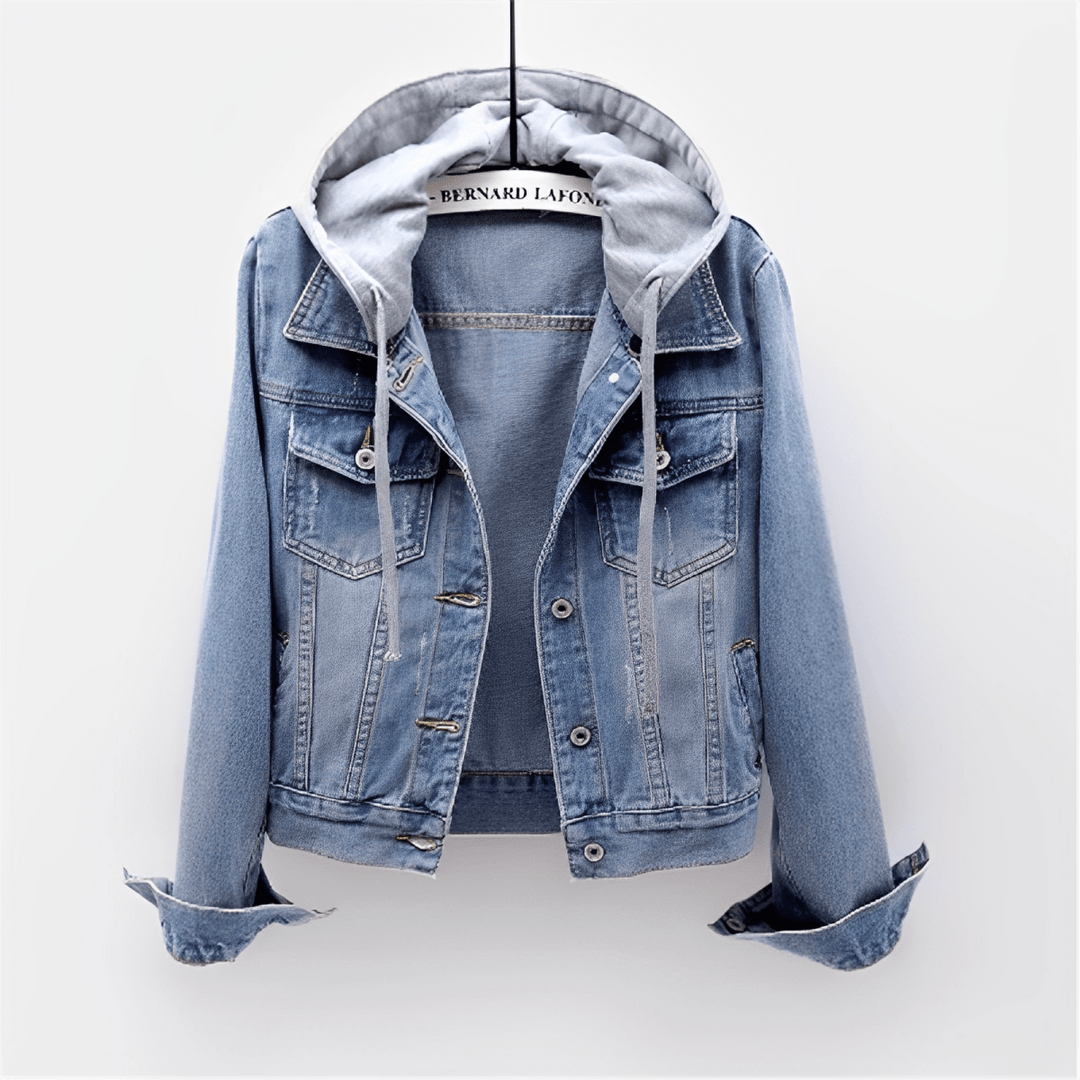 Stylish women's vintage light blue denim jacket with a casual design and a versatile removable hood.
