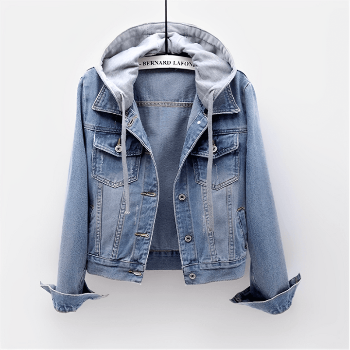 Stylish women's vintage light blue denim jacket with a casual design and a versatile removable hood.