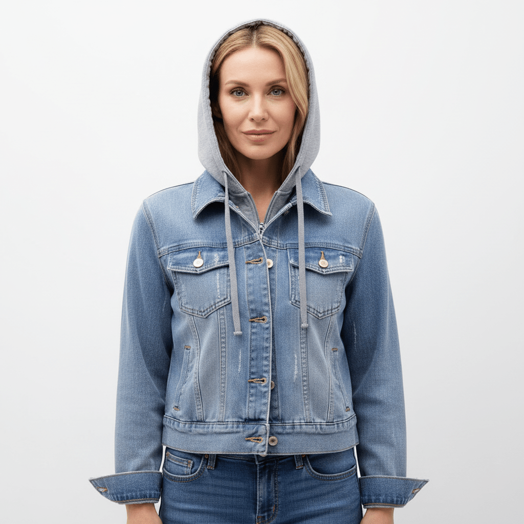 Women's vintage denim jacket in blue, featuring a stylish design and a practical removable hood for fall.