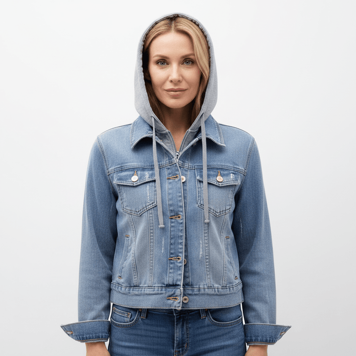 Women's vintage denim jacket in blue, featuring a stylish design and a practical removable hood for fall.
