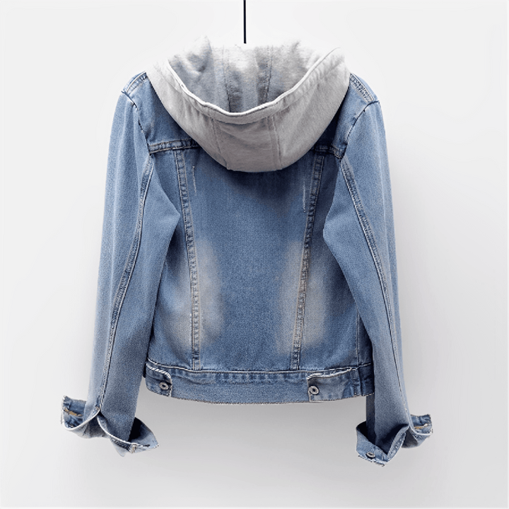 Casual women's hooded denim jacket with a vintage wash, perfect for spring outfits.