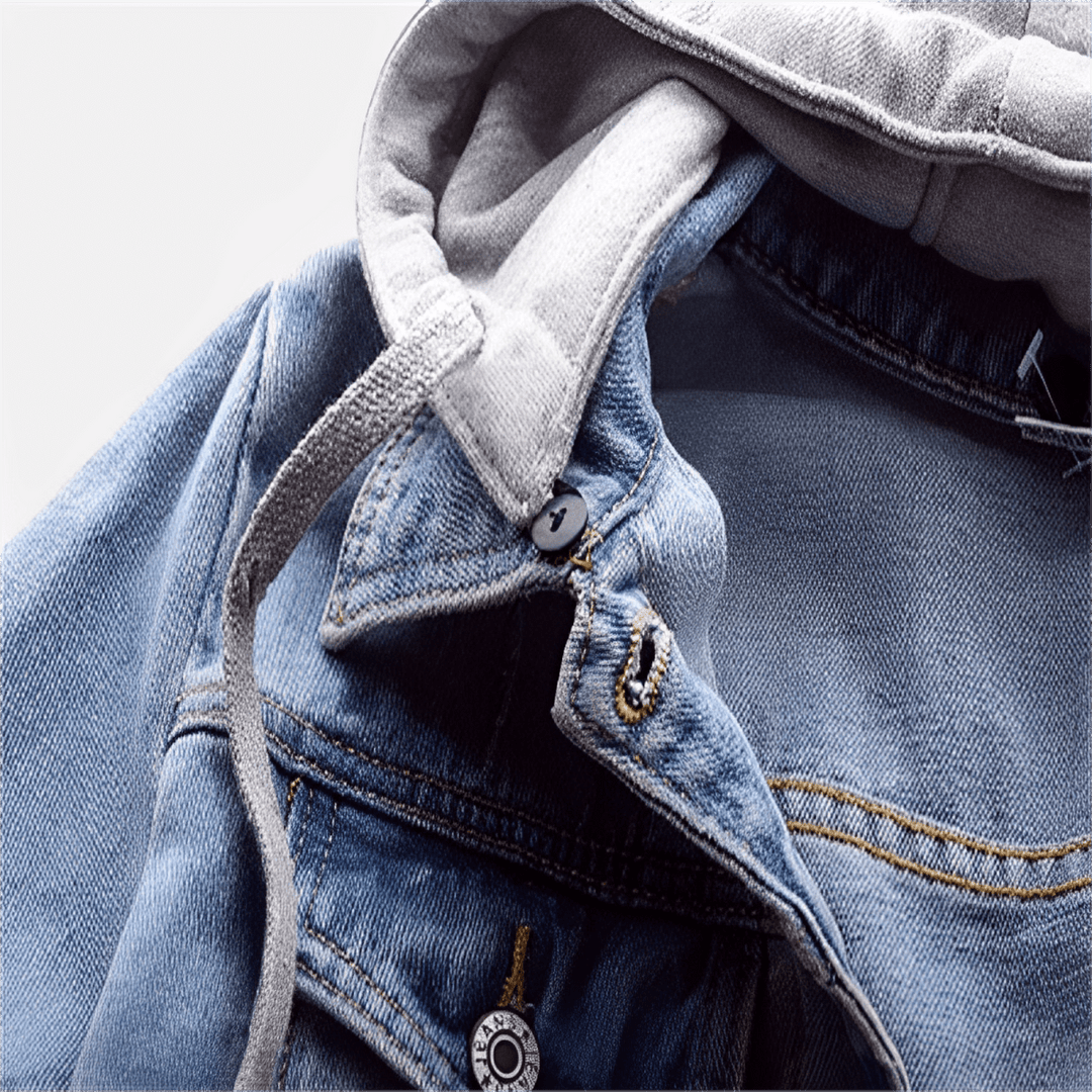 Fashionable women's outerwear: a light blue denim jacket with a vintage look and a removable hood.