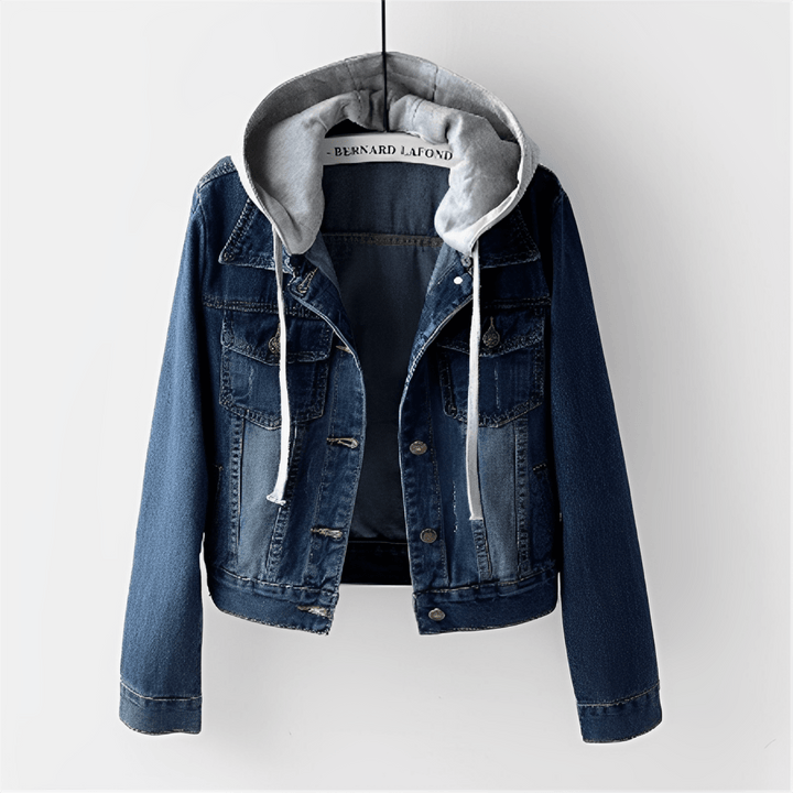 Chic women's vintage blue denim jacket, ideal for casual wear, complete with a removable hood.