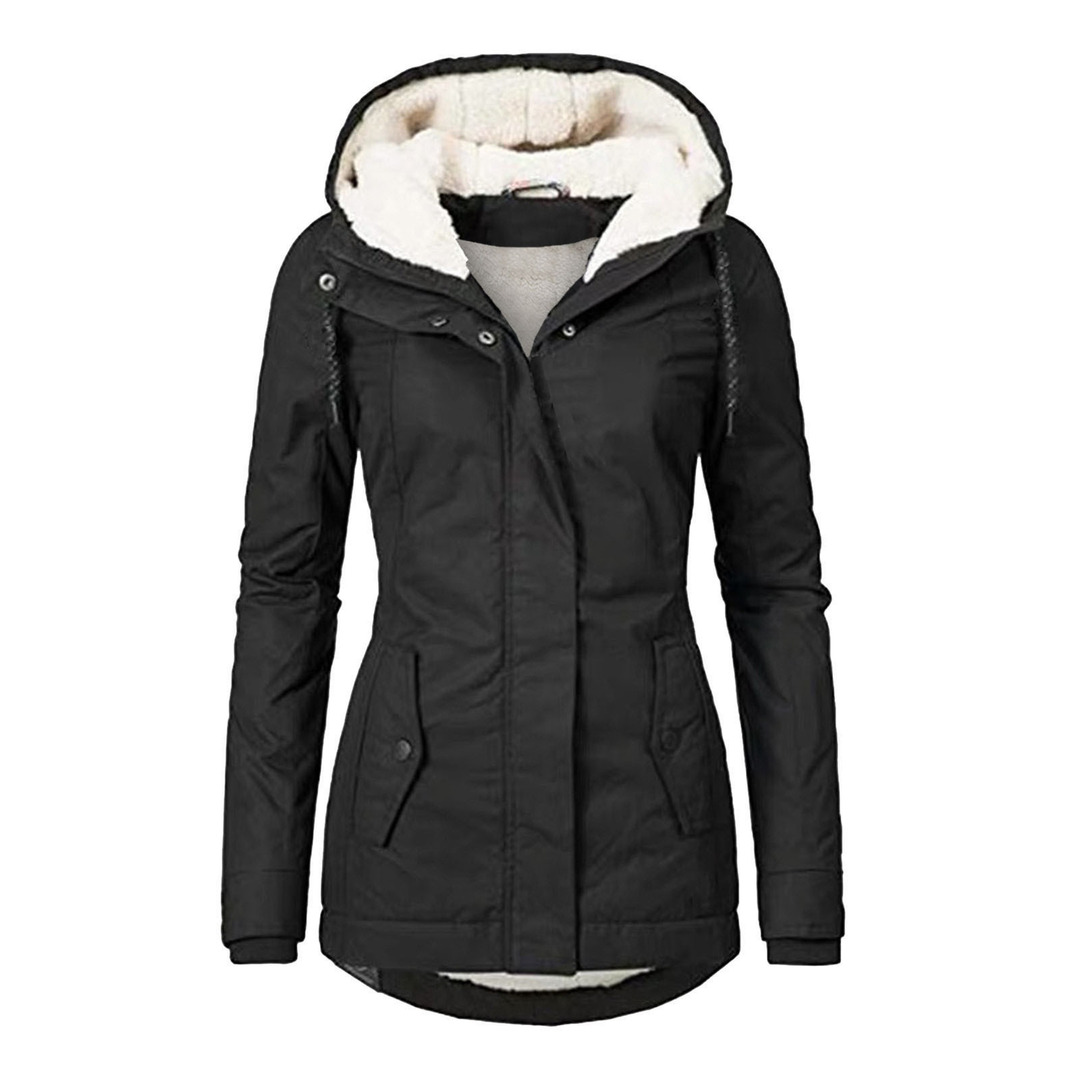 Stylish women's warm hooded winter jacket in black, perfect for cozy cold weather outerwear.
