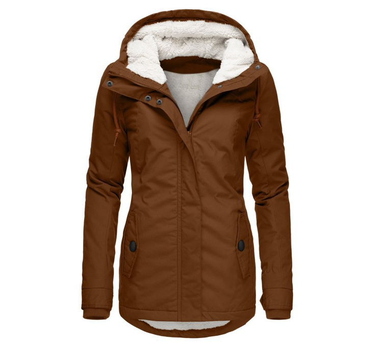 Warm women's hooded winter jacket, a stylish and cozy outerwear piece designed for cold weather apparel.