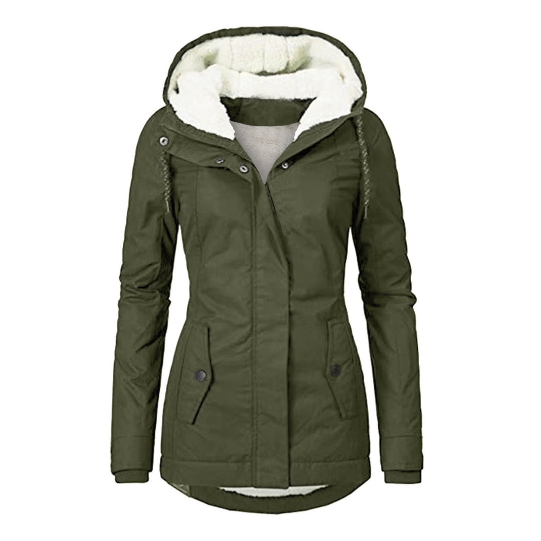 Fashionable women's hooded jacket, providing ultimate warmth and style as a winter coat in cold weather.