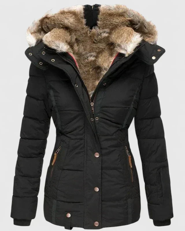 Women's versatile long winter coat with an adjustable hood, providing warmth and elegant style.