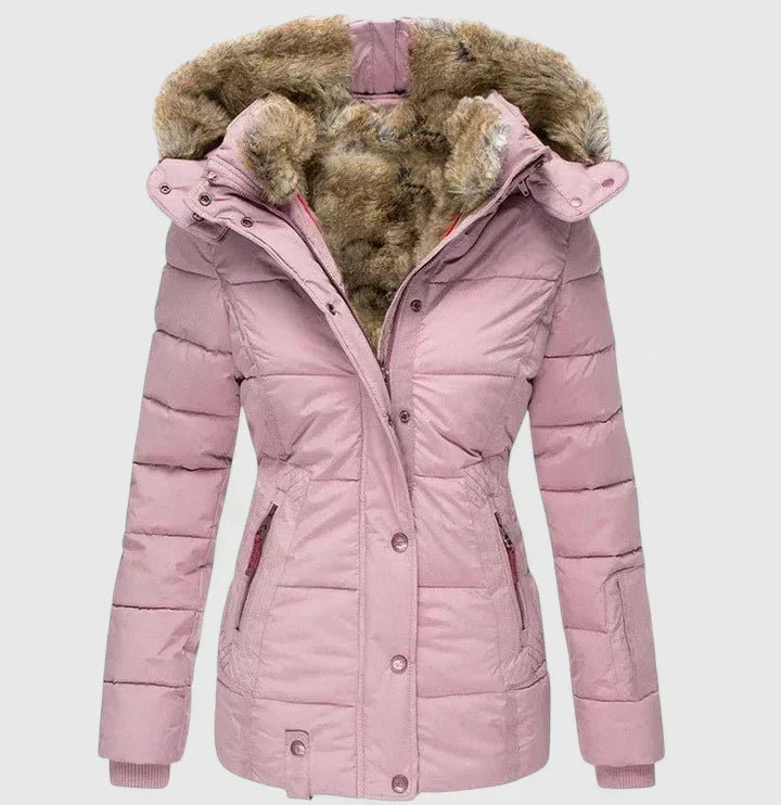 Comfortable women's warm winter jacket, a stylish long coat for elegant cold weather fashion.