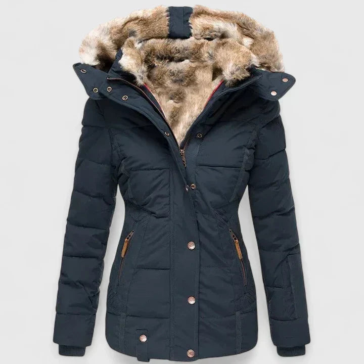 Elegant women's long winter coat, a stylish outerwear piece for sophisticated cold weather fashion.