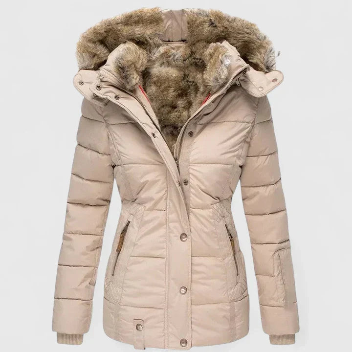 Fashionable women's warm winter coat, versatile long outerwear designed for elegant cold weather style.