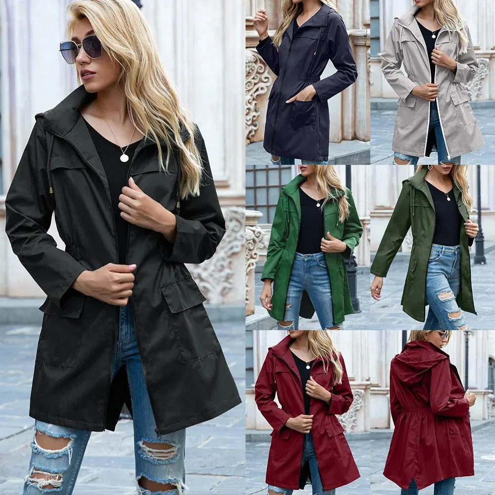 Practical and stylish women's long raincoat, perfect for autumn and winter. Waterproof, windproof, lightweight outerwear.
