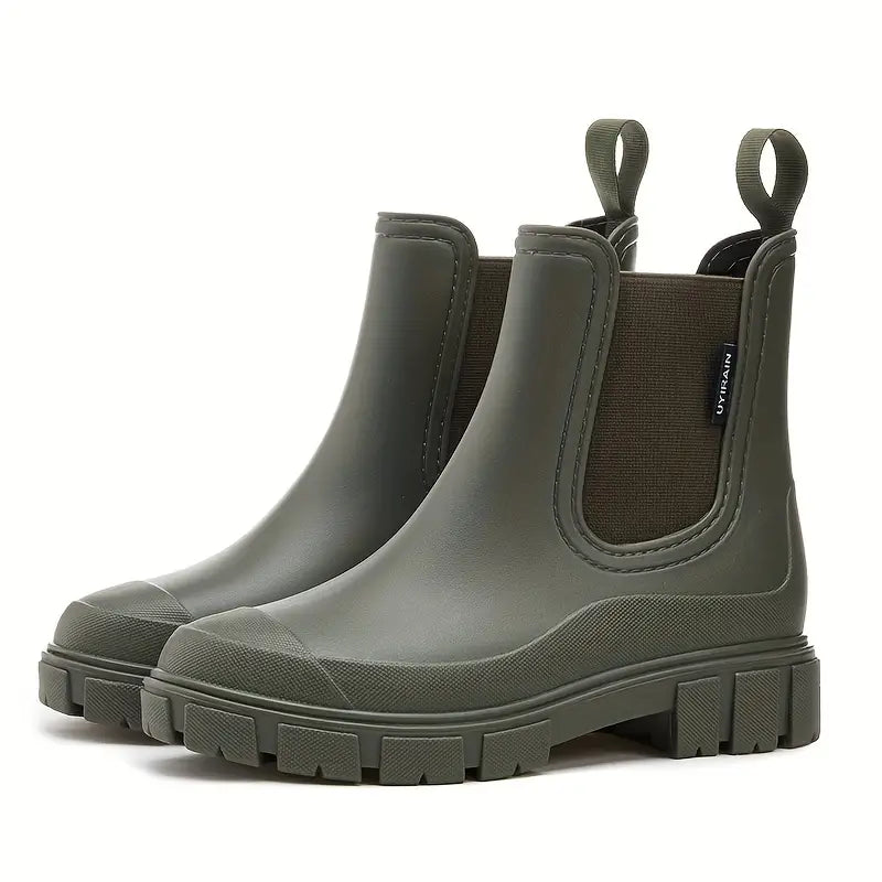 Fashionable women's waterproof ankle rain boots for wet weather, designed for comfort & non-slip security.