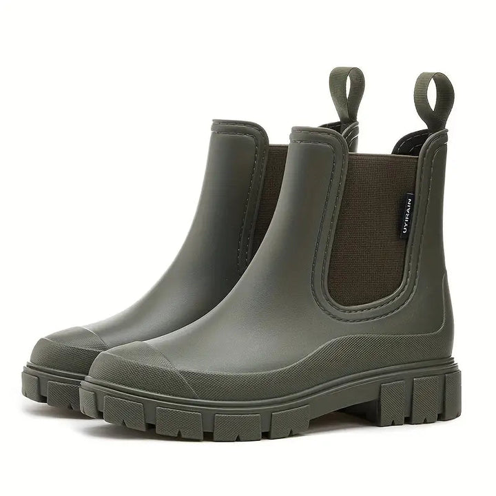 Fashionable women's waterproof ankle rain boots for wet weather, designed for comfort & non-slip security.