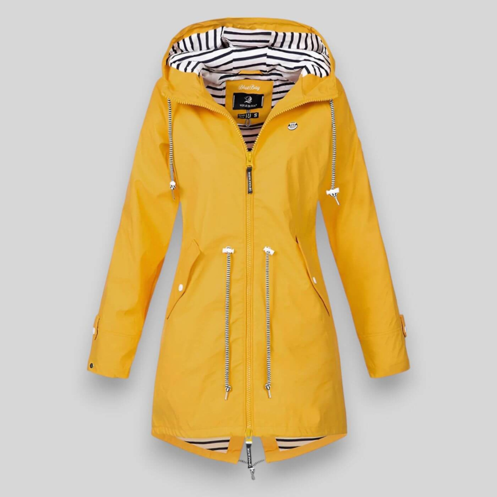 Stylish women's waterproof rain jacket, hooded, perfect for outdoor activities & daily wear.