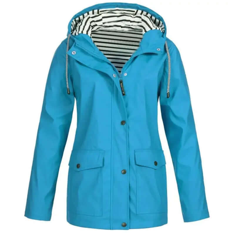 Fashionable women's waterproof jacket, ideal outerwear for rain, wind, and outdoor activities.